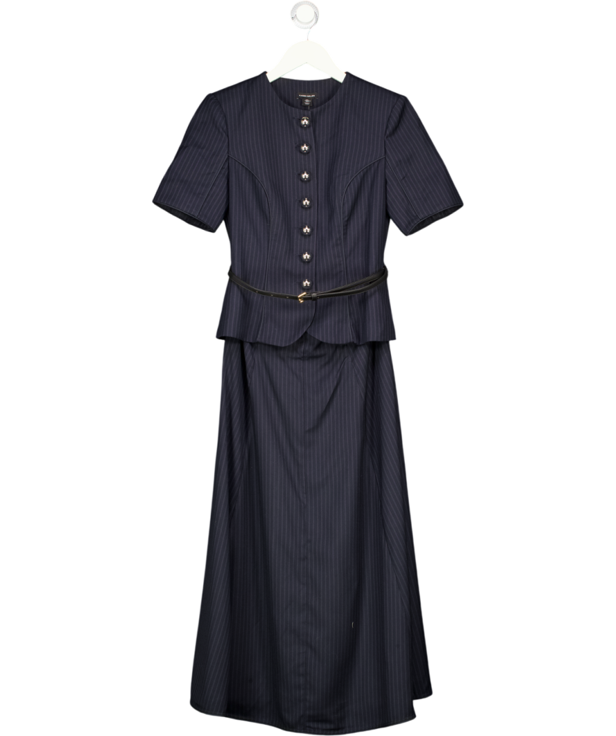KAREN MILLEN Navy Blue Pinstripe Belted Midi Dress Silver Buttons UK 6