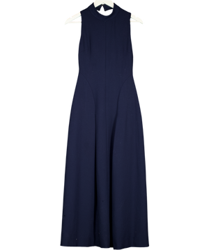 KAREN MILLEN Navy Blue Stretch High Neck Open Back Tailored Maxi Dress UK 6