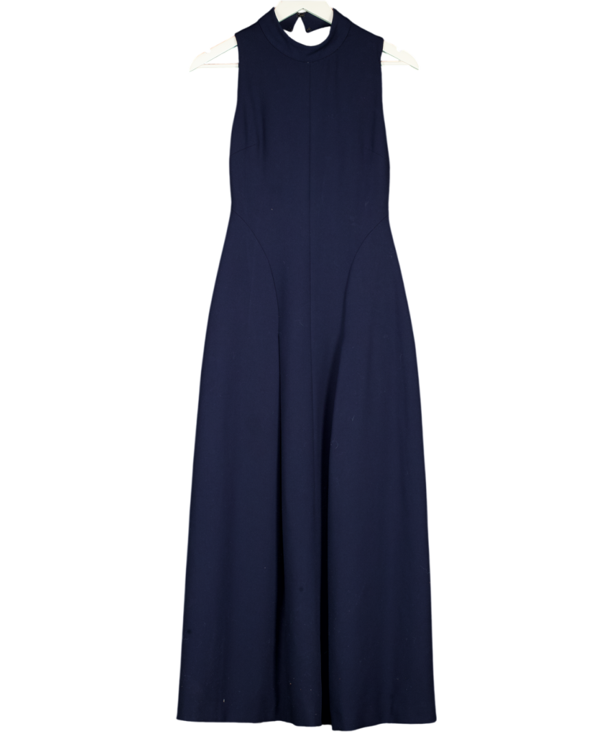 KAREN MILLEN Navy Blue Stretch High Neck Open Back Tailored Maxi Dress UK 6