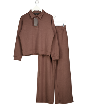 Brave Soul Brown 2-piece Collared Sweatshirt & Wide Leg Joggers Co-ord  Set In In Scuba-style Fabric UK S