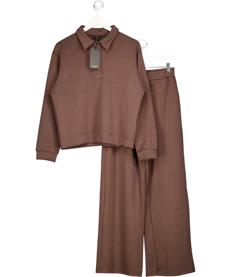 Brave Soul Brown 2-piece Collared Sweatshirt & Wide Leg Joggers Co-ord  Set In In Scuba-style Fabric UK S