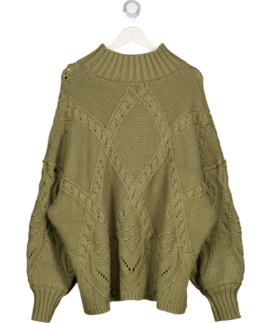 FREE PEOPLE Soft Knit Olive Green 100% Cotton Heart You Pullover UK S