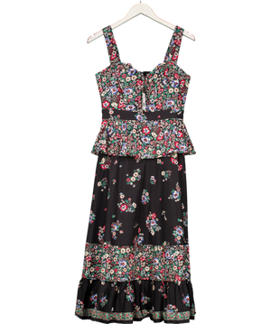 HUNTER BELL Black Floral Linen-blend Peplum Midi Dress US2 UK 6