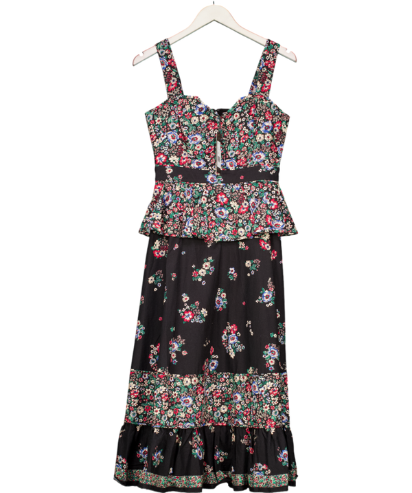 HUNTER BELL Black Floral Linen-blend Peplum Midi Dress US2 UK 6