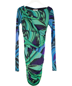 Emilio Pucci Blue / Green Stretch Jersey Abstract Print Ruched Side Midi Dress UK 12
