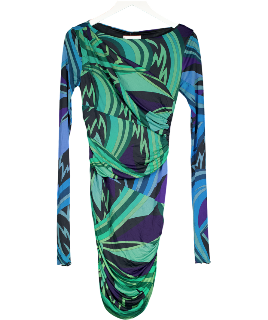 Emilio Pucci Blue / Green Stretch Jersey Abstract Print Ruched Side Midi Dress UK 12