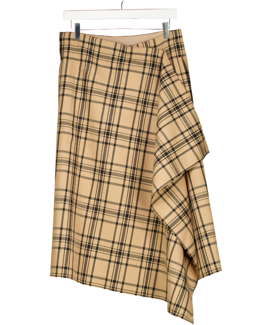 ami Brown Wool Midi Checked Wrapped Skirt UK 8
