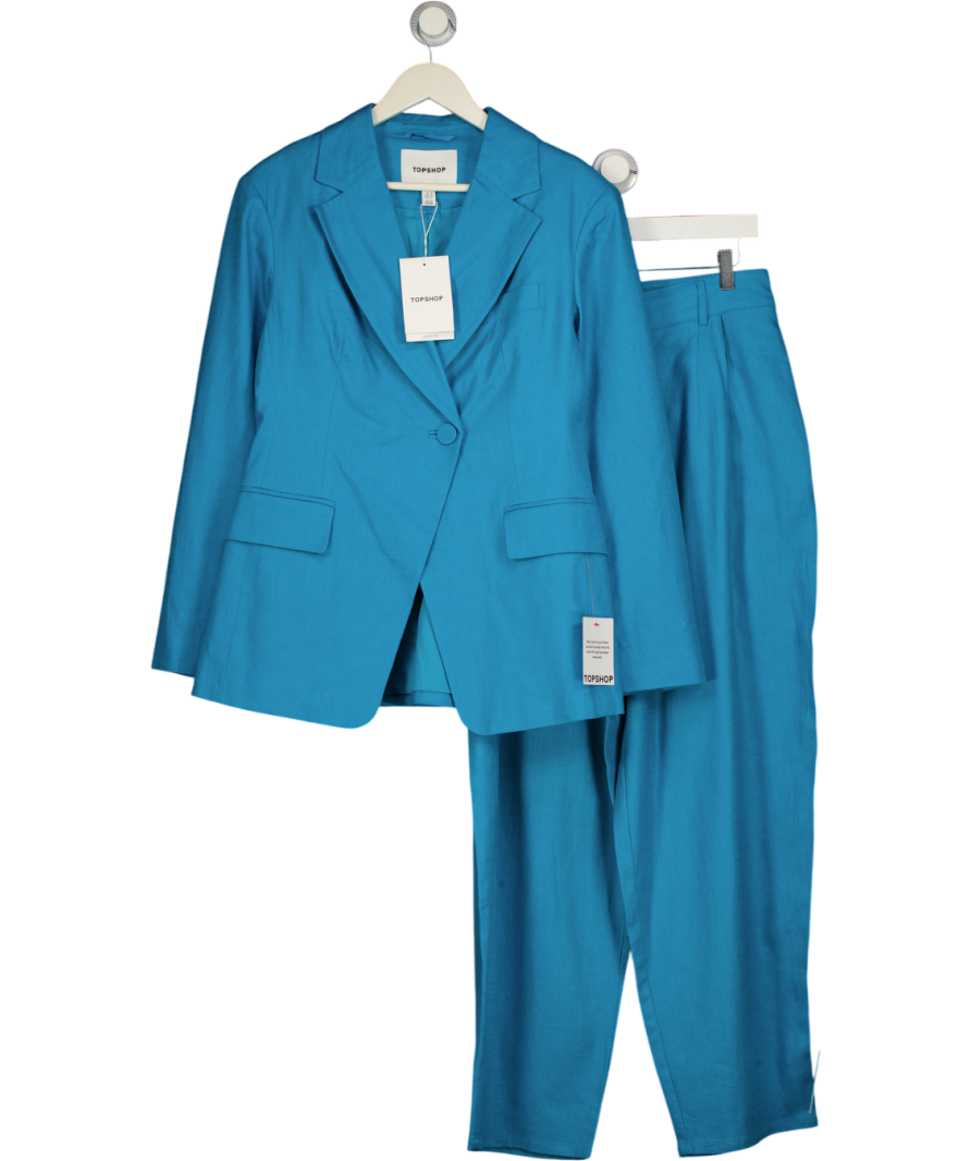 TOPSHOP 2-piece Turquoise Blue Linen Rich Cinched Waist Blazer And Wide Leg Trouser Set UK 10