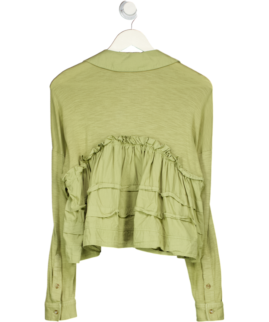 ANTHROPOLOGIE PILCRO Green Ruffle Detail Jersey Top UK XS