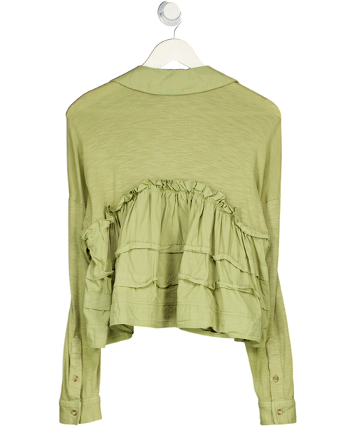 ANTHROPOLOGIE PILCRO Green Ruffle Detail Jersey Top UK XS