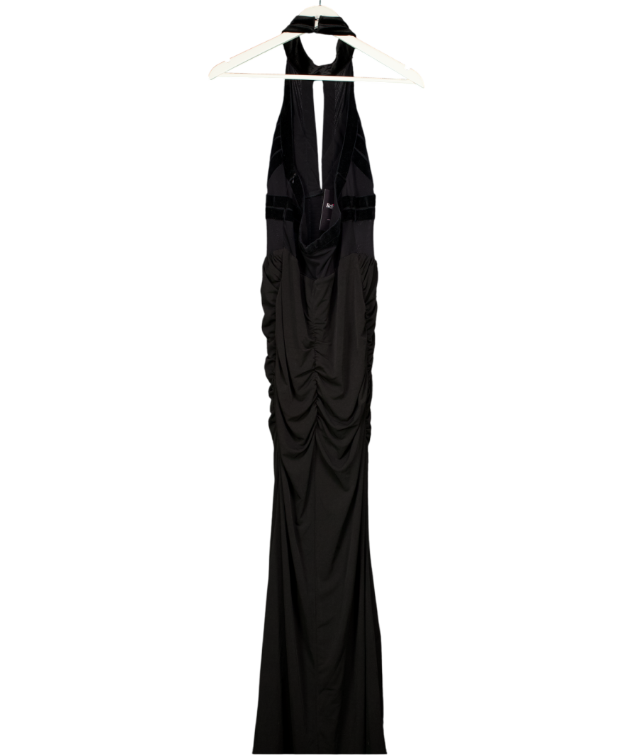 Karen Millen Black Stretch Velvet Taping Detail Mesh Halter Neck Maxi Dress UK S