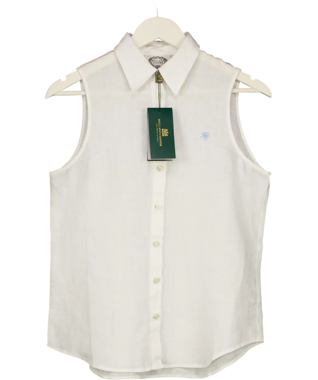 HOLLAND COOPER White Embroidered Logo Sleeveless Amalfi Linen Shirt UK XS