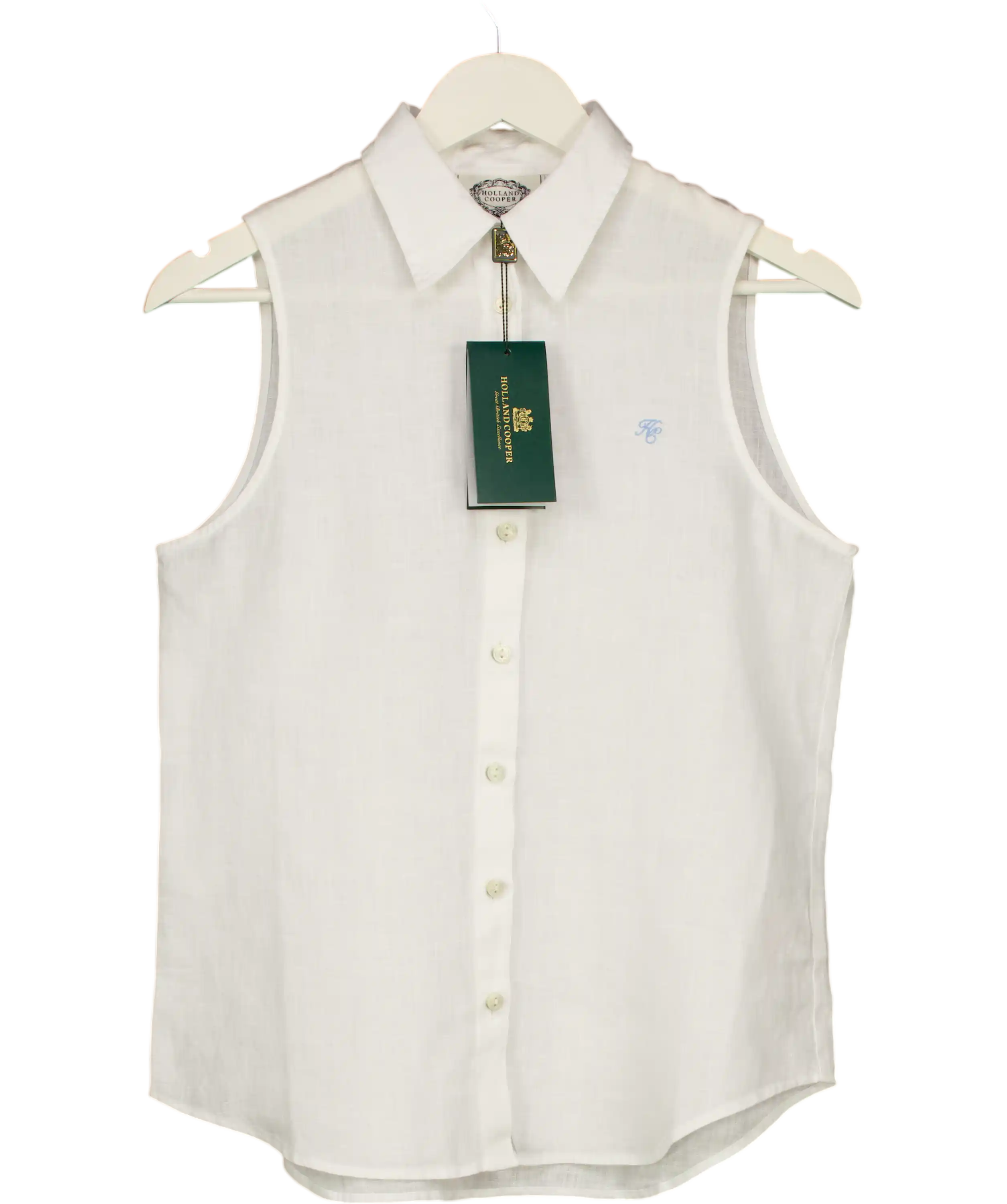 HOLLAND COOPER White Embroidered Logo Sleeveless Amalfi Linen Shirt UK XS