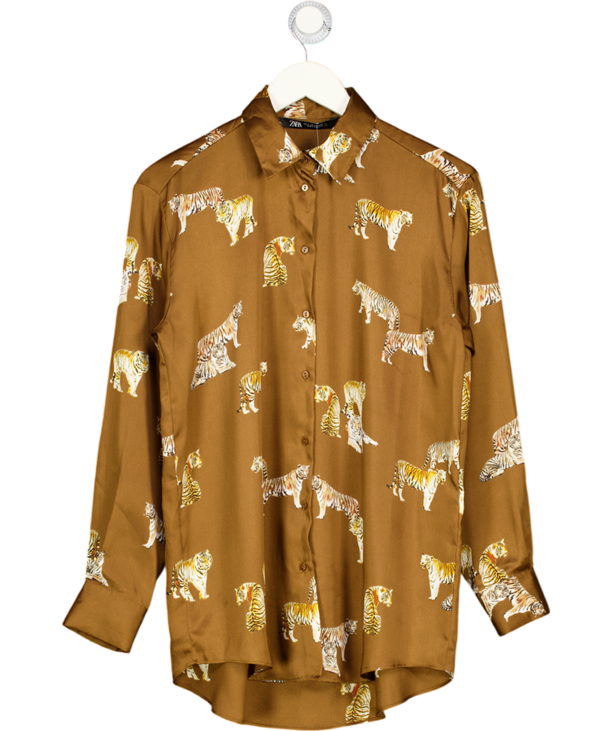 ZARA Brown Satin Tiger Print Shirt UK S