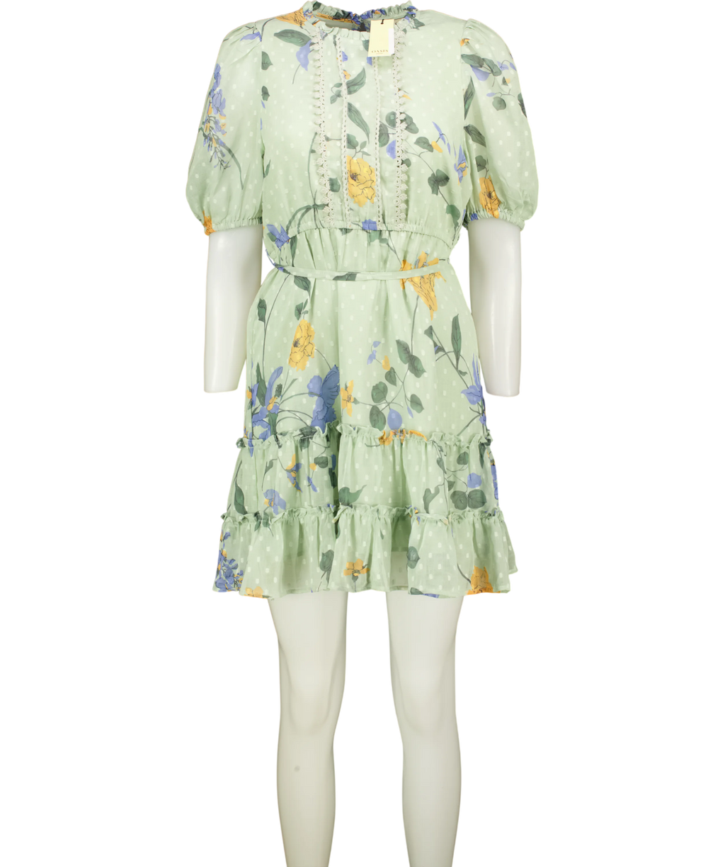 OASIS Sage Green Floral Frill Hem Mini Dress UK 14 PETITE