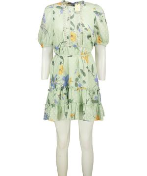 OASIS Sage Green Floral Frill Hem Mini Dress UK 14 PETITE