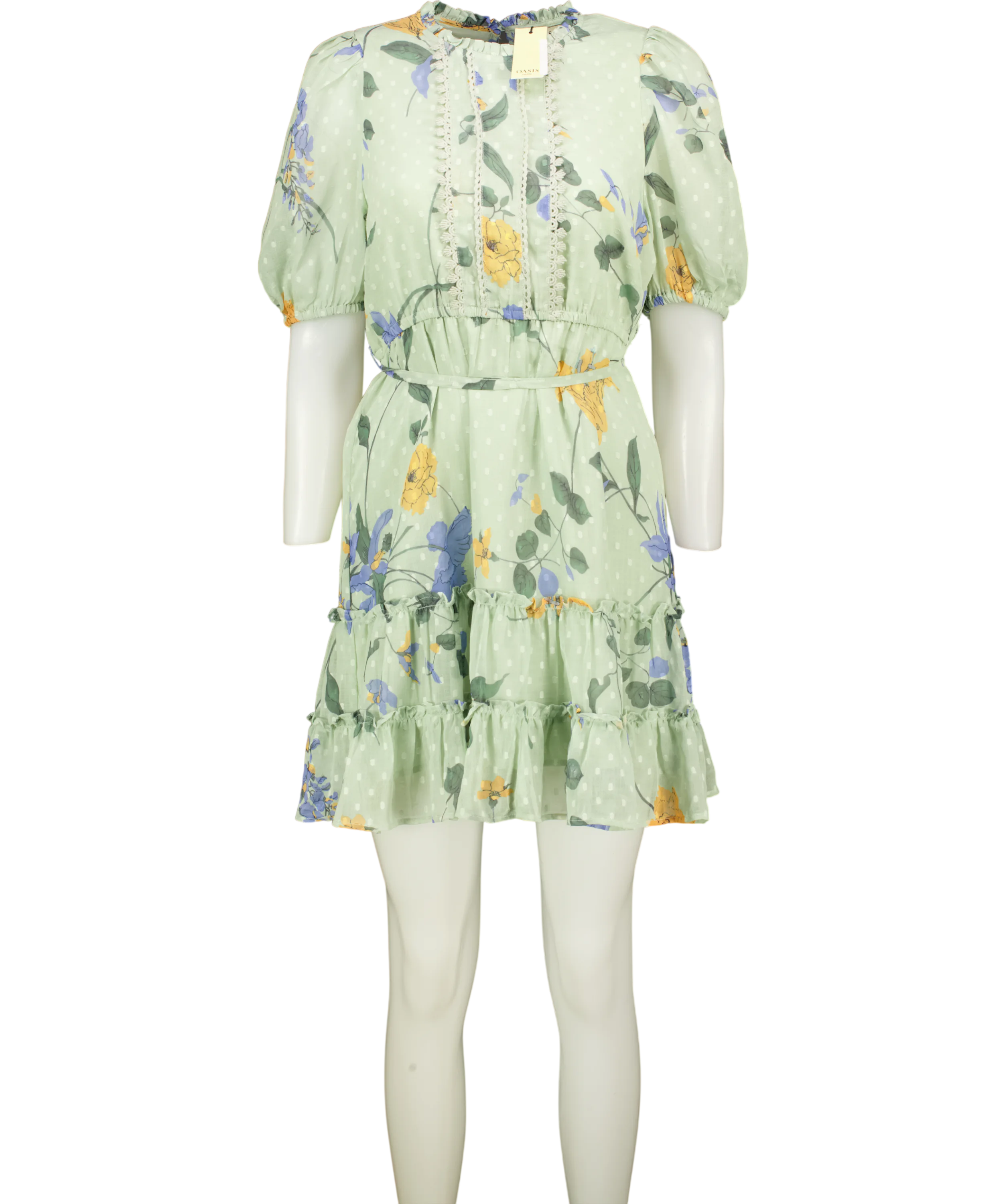 OASIS Sage Green Floral Frill Hem Mini Dress UK 14 PETITE