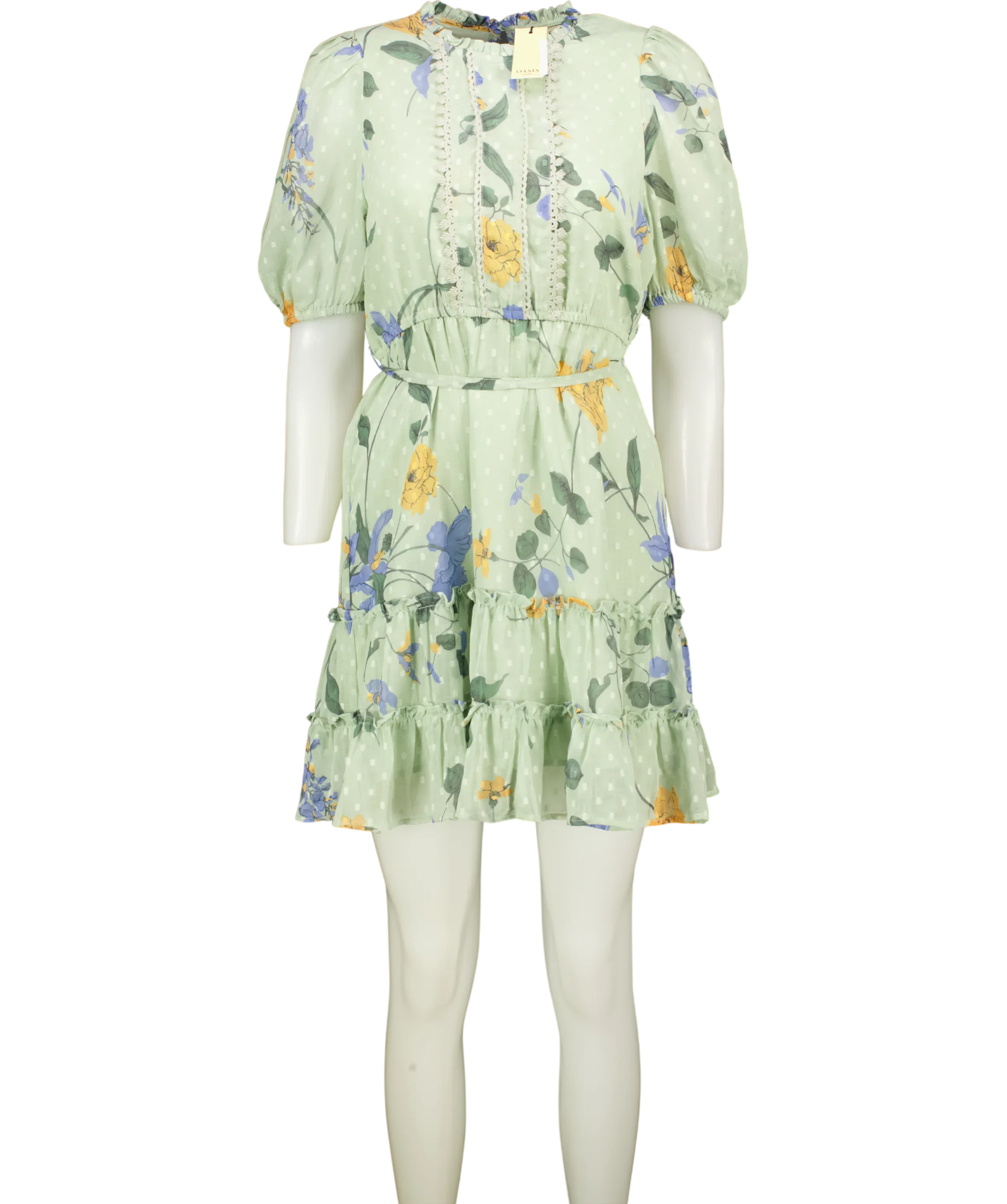 OASIS Sage Green Floral Frill Hem Mini Dress UK 14 PETITE