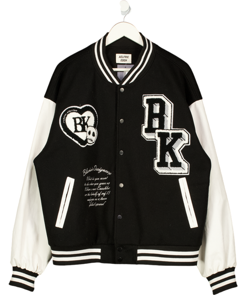 Aelfric Eden Black Embroidered Vegan Leather Sleeve Varsity Jacket UK L