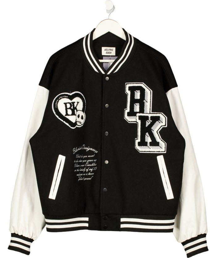 Aelfric Eden Black Embroidered Vegan Leather Sleeve Varsity Jacket UK L