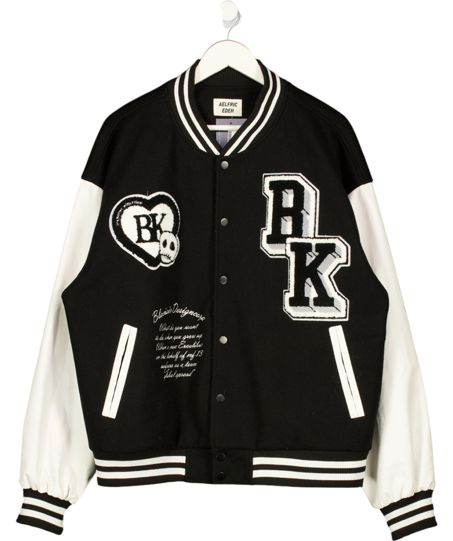 Aelfric Eden Black Embroidered Vegan Leather Sleeve Varsity Jacket UK L