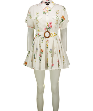 CHIC LE FRIQUE White Floral Belted Linen Mini Dress UK XS