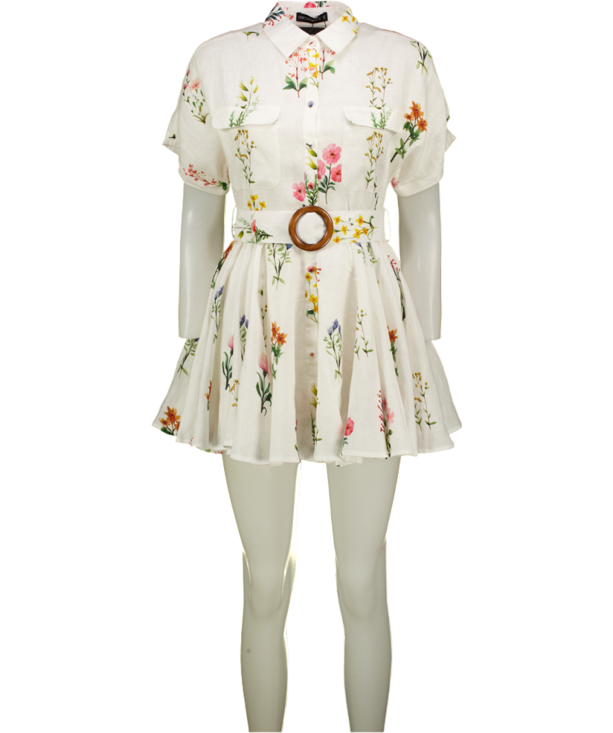 CHIC LE FRIQUE White Floral Belted Linen Mini Dress UK XS