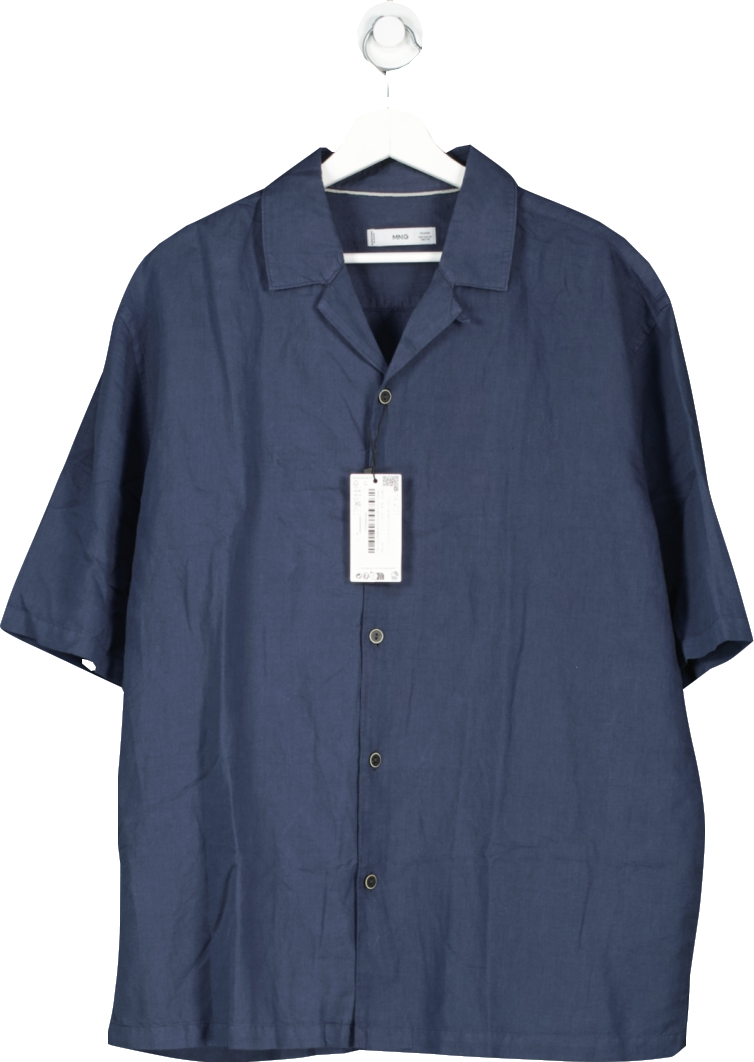 MANGO Blue Cotton Linen Blend Bowling Collar Shirt BNWT UK XL