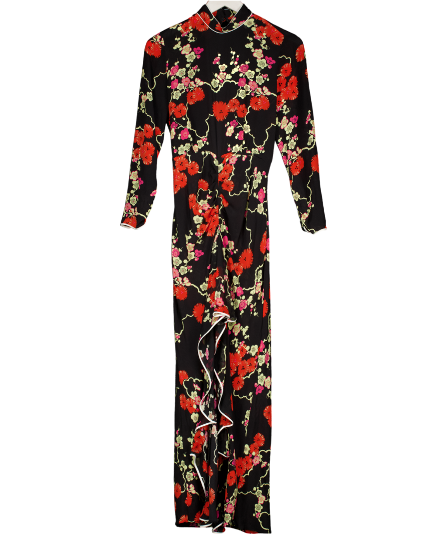 RIXO Black Lucy Cherry Blossom Floral Silk High Neck Backless Dress UK S