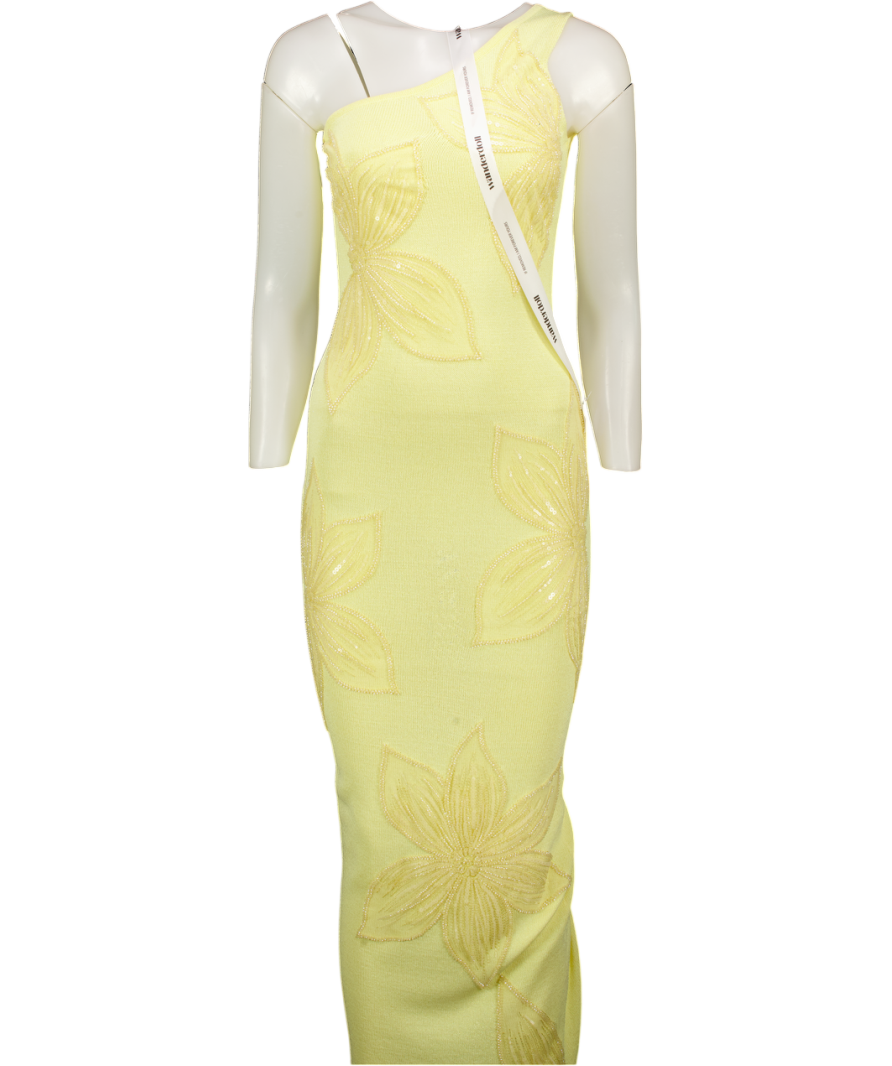 Wanderdoll Yellow Flossie Knitted Maxi Dress With Beaded Floral Detail UK XS