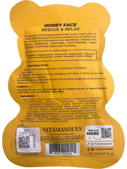 Vitamasques Honey Rescue & Relax Biodegradable Sheet Face Mask