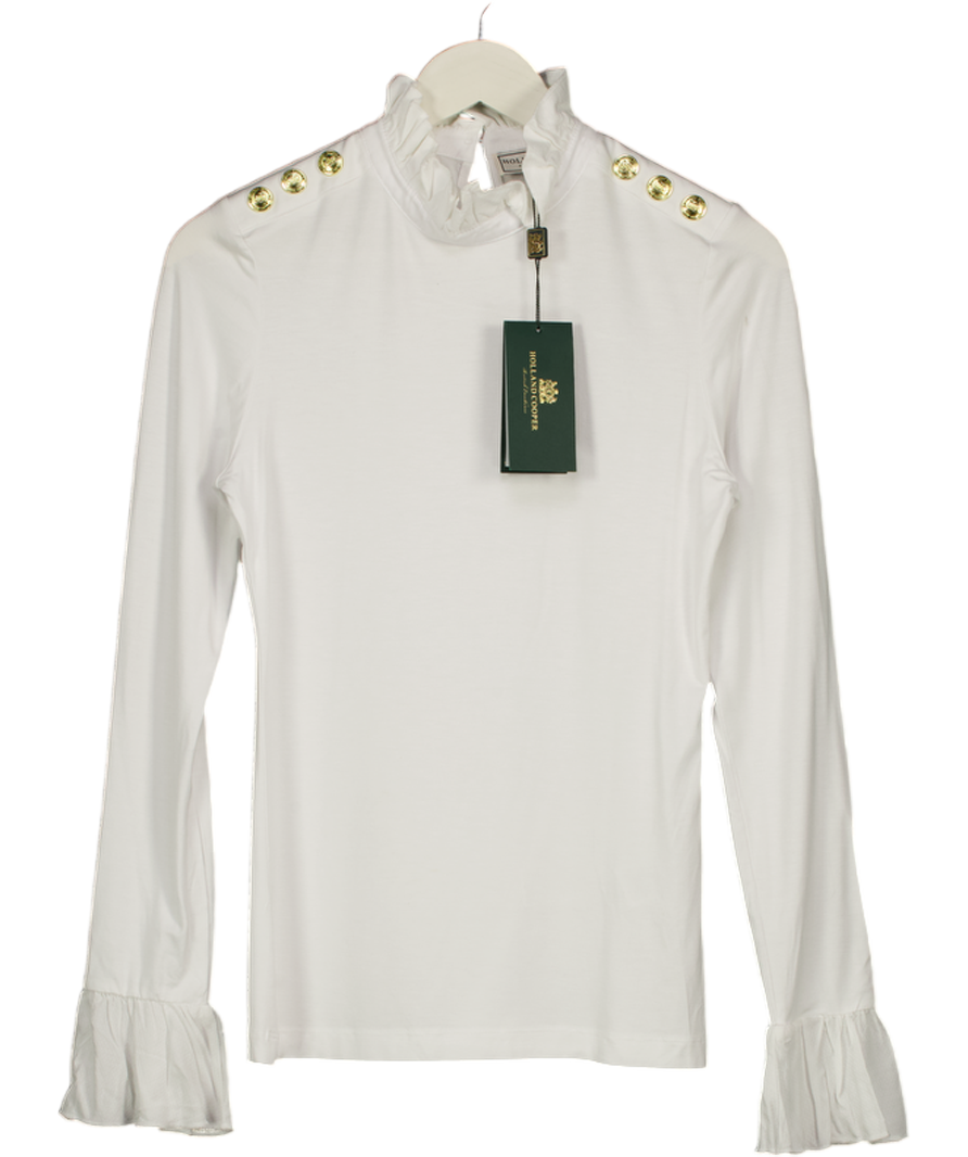 HOLLAND COOPER Lilibet Jersey Frill Neck Top White With Gold Hc Button Detail UK M