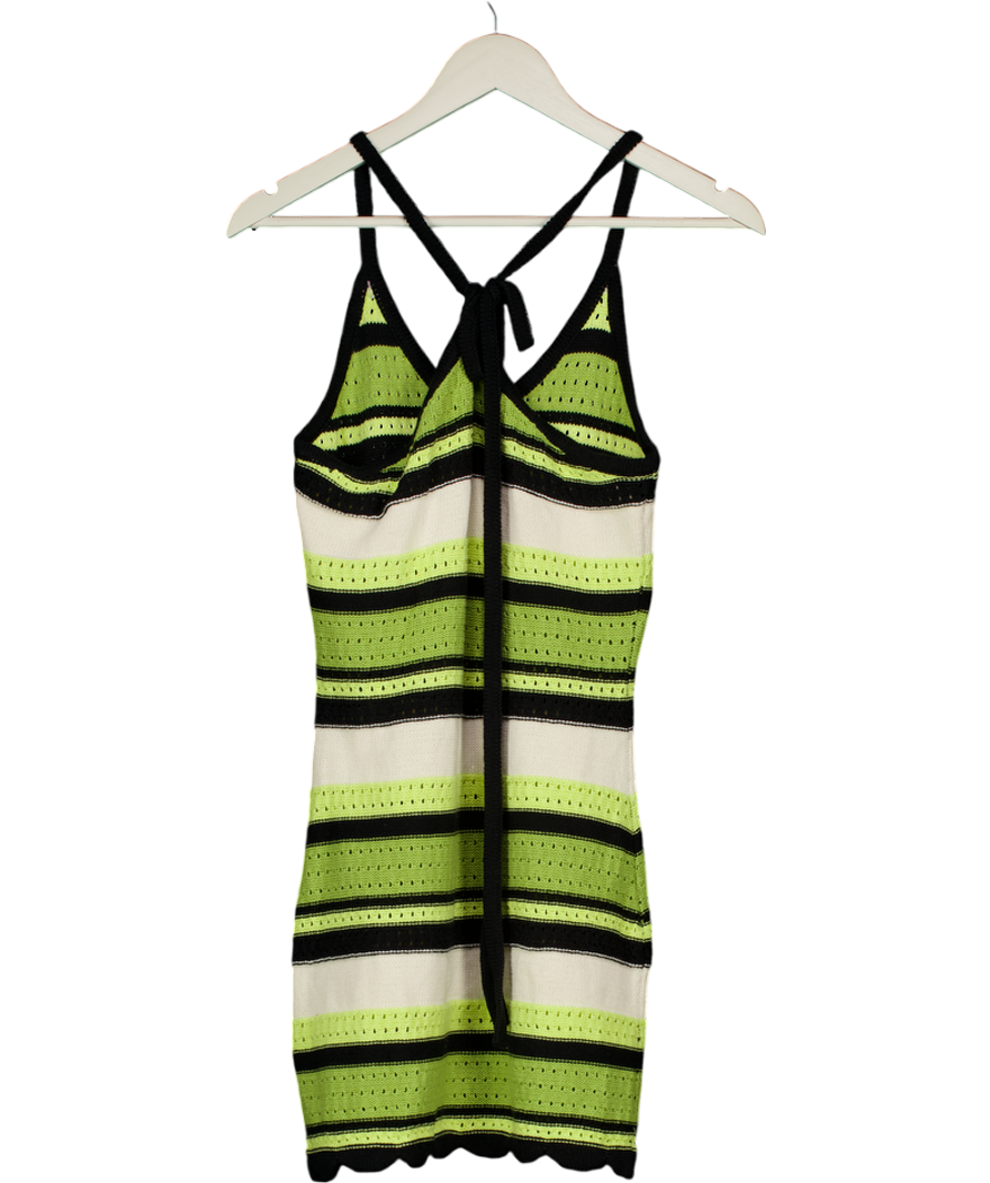 WAREHOUSE Black / Green Crochet Stripe Halter Mini Dress UK 6