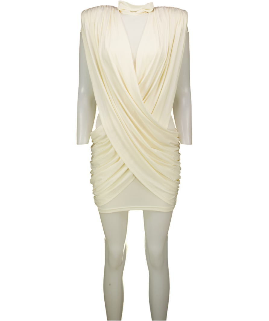 RUCHED & READY Sculpting High Neck Padded Shoulder Detail Extreme Drape Front Mini Dress In Cream UK XS