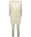 RUCHED & READY Sculpting High Neck Padded Shoulder Detail Extreme Drape Front Mini Dress In Cream UK XS