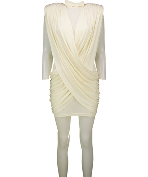 RUCHED & READY Sculpting High Neck Padded Shoulder Detail Extreme Drape Front Mini Dress In Cream UK XS