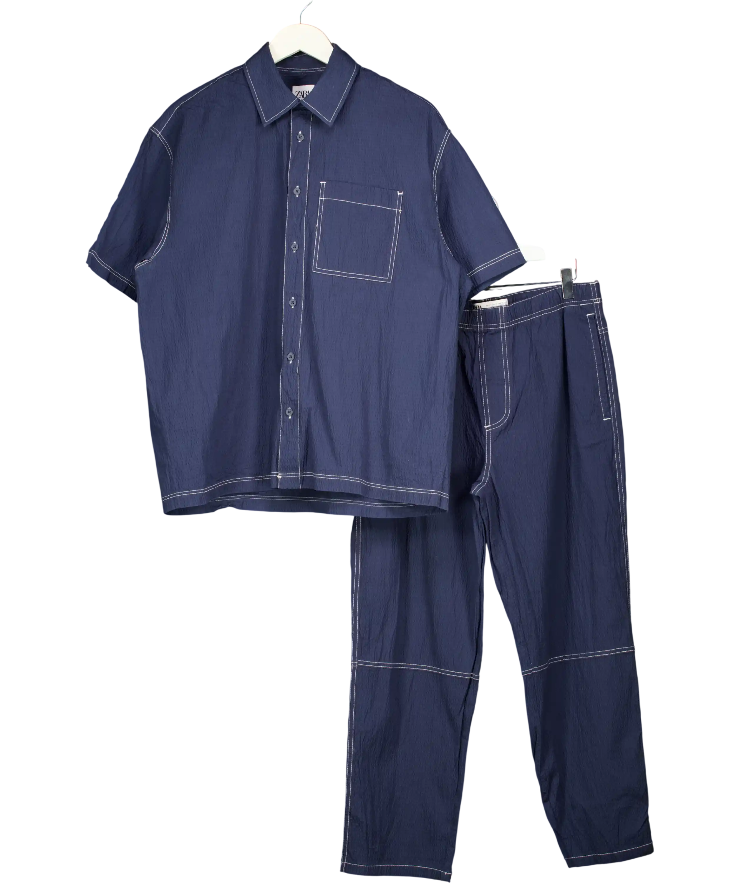 ZARA Dark Blue 2 -piece Seersucker Shirt & Trouser Set UK M