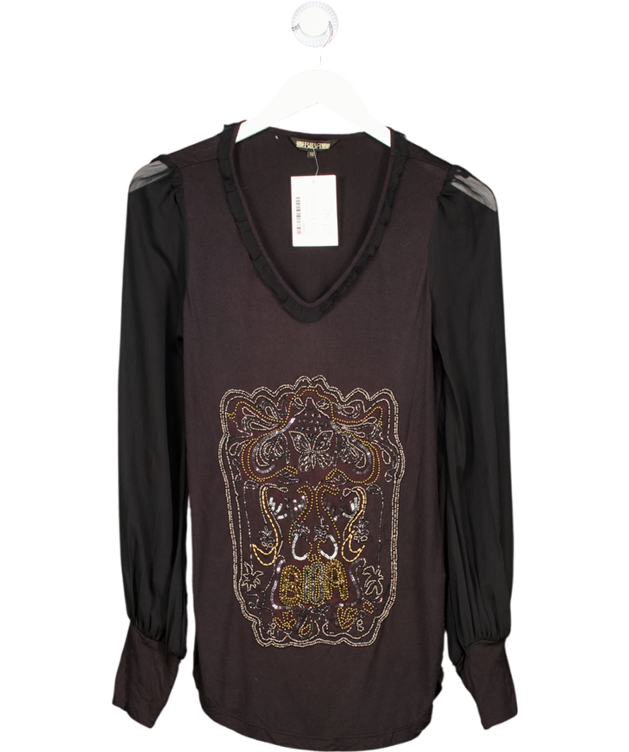 Biba Black Long Sleeve V-neck Beaded Top UK 12