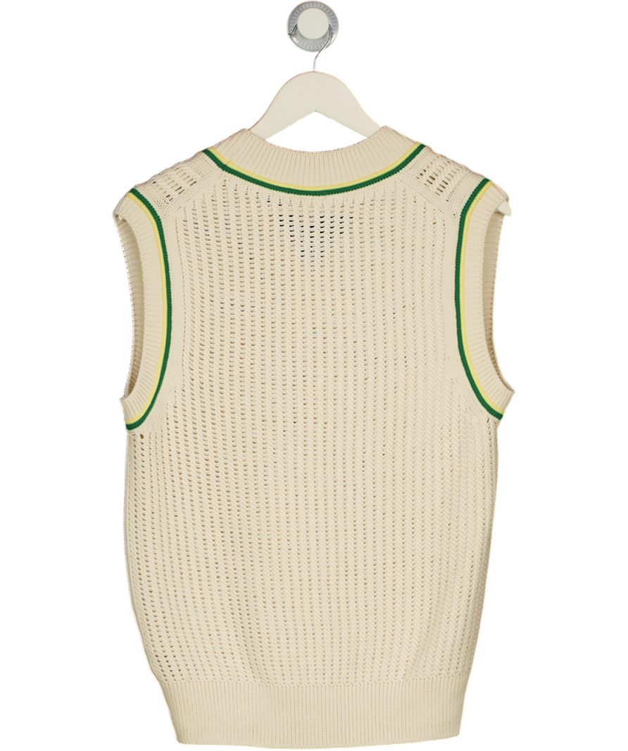 LACOSTE Cream Unisex Crochet Effect Cricket Sweater Vest - Cream/green/yellow UK S
