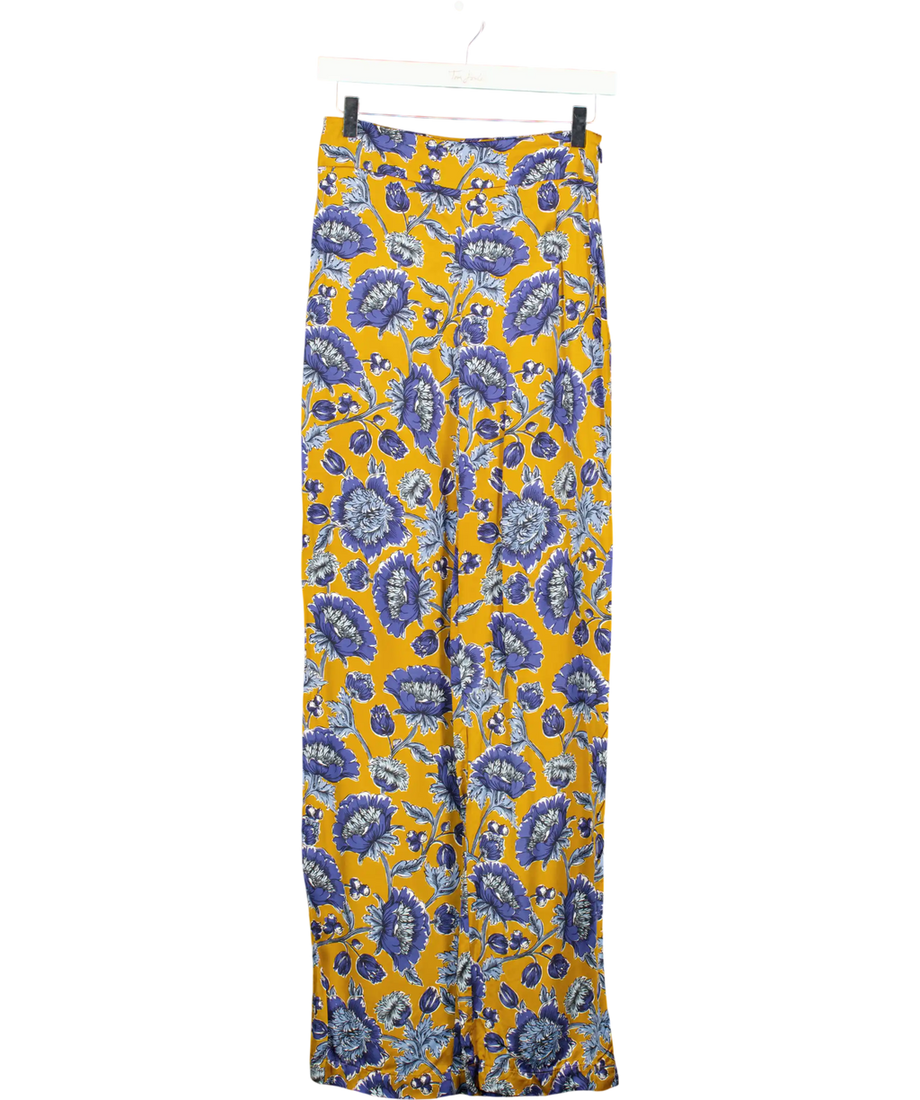 Sezane Mustard &  Blue Floral Satin Straight Leg Trousers Fr36 UK 8