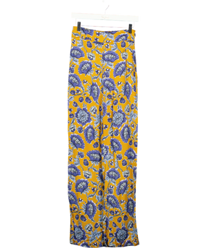 Sezane Mustard &  Blue Floral Satin Straight Leg Trousers Fr36 UK 8