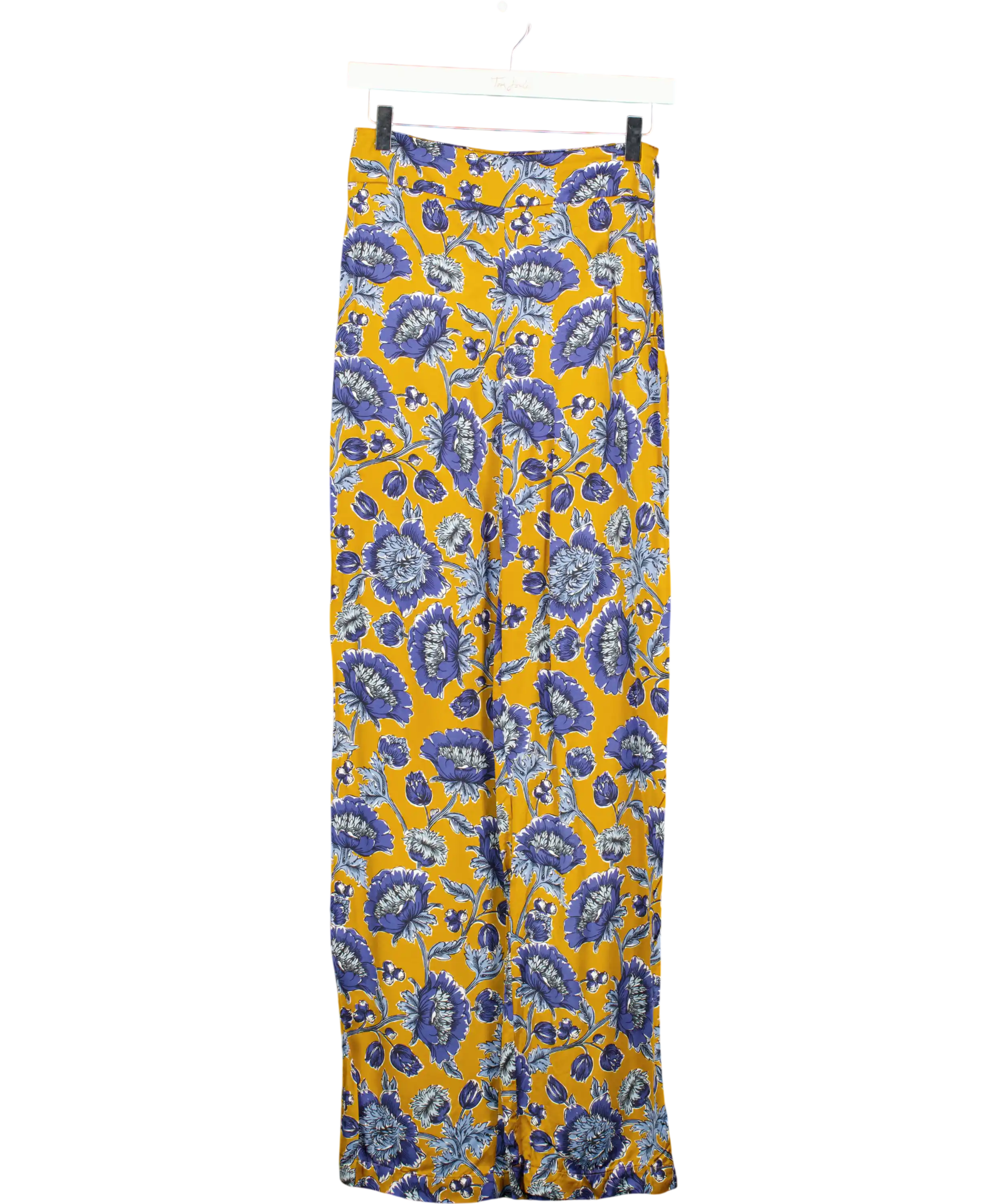 Sezane Mustard &  Blue Floral Satin Straight Leg Trousers Fr36 UK 8