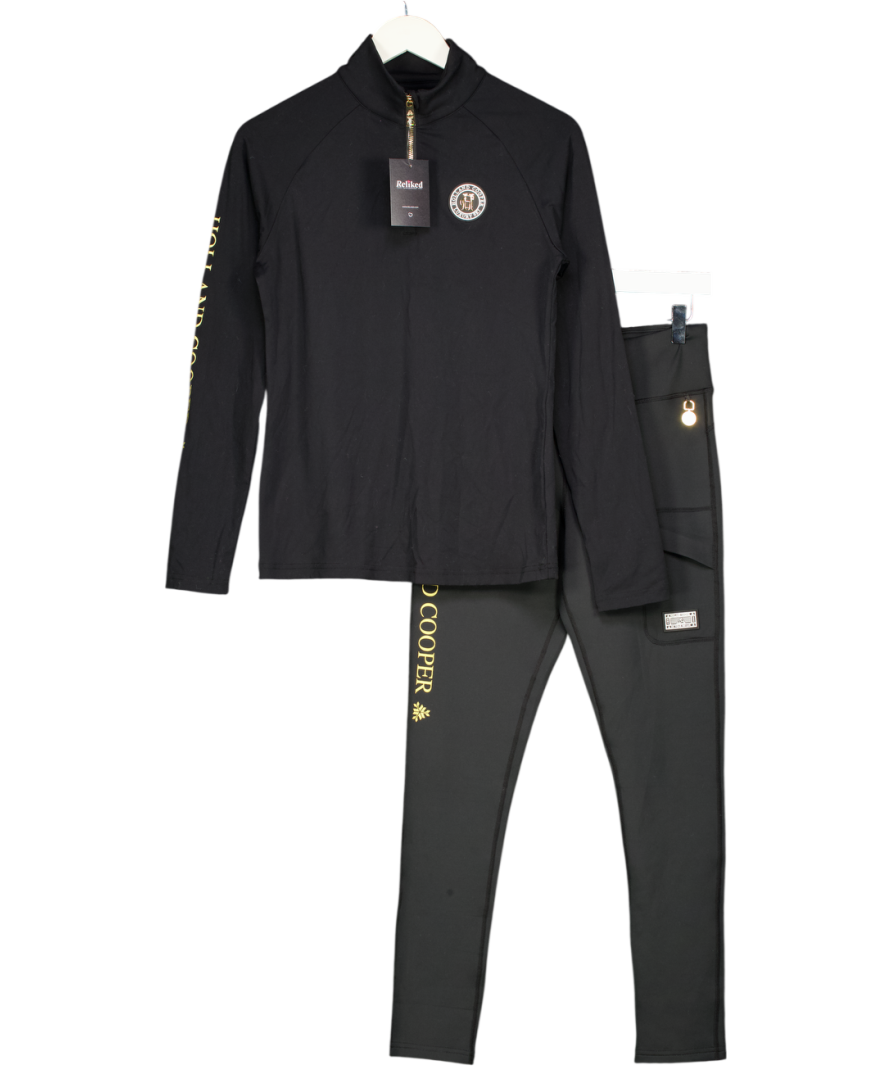 Holland Cooper Black 2-piece Logo Base Layer Top & Leggings Set UK M