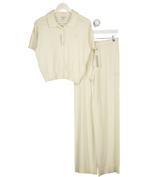 The Couture Club White Linen-cotton Gingham Long Pyjama Set With Knitted Panel Trousers UK 8