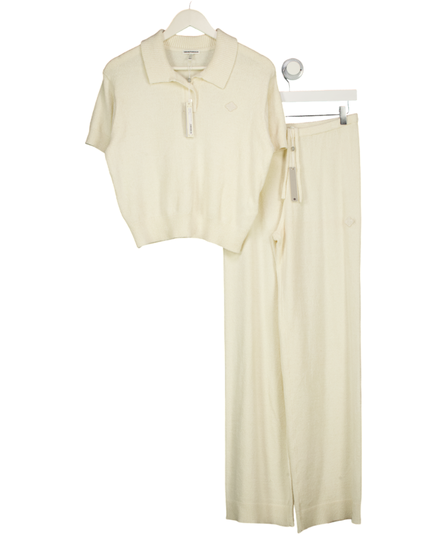 The Couture Club White Linen-cotton Gingham Long Pyjama Set With Knitted Panel Trousers UK 8