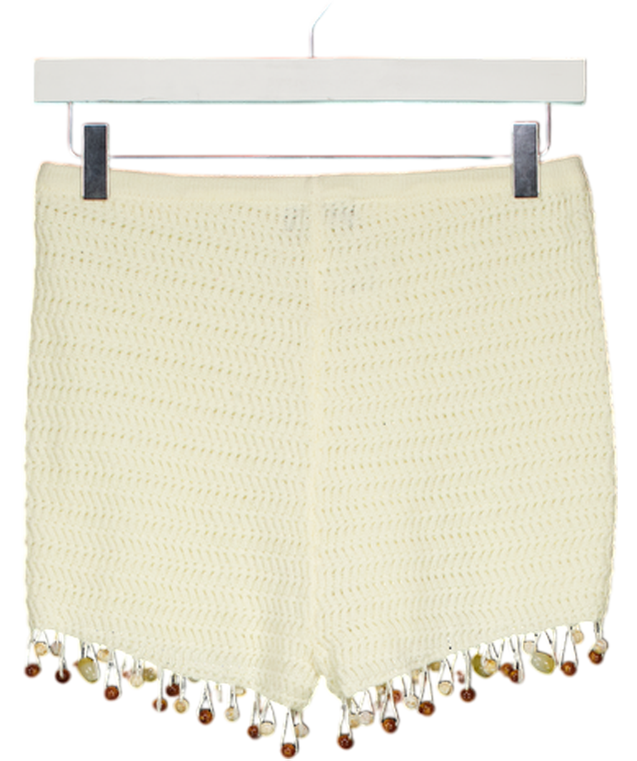 WHITE FOX Cream One More Time Beaded Fringed Crochet Shorts UK M