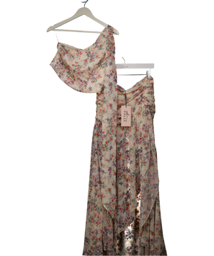 Oh Polly Pink Scarf-detail One-shoulder Top And Skirt Set In Primrose Floral Print UK 10