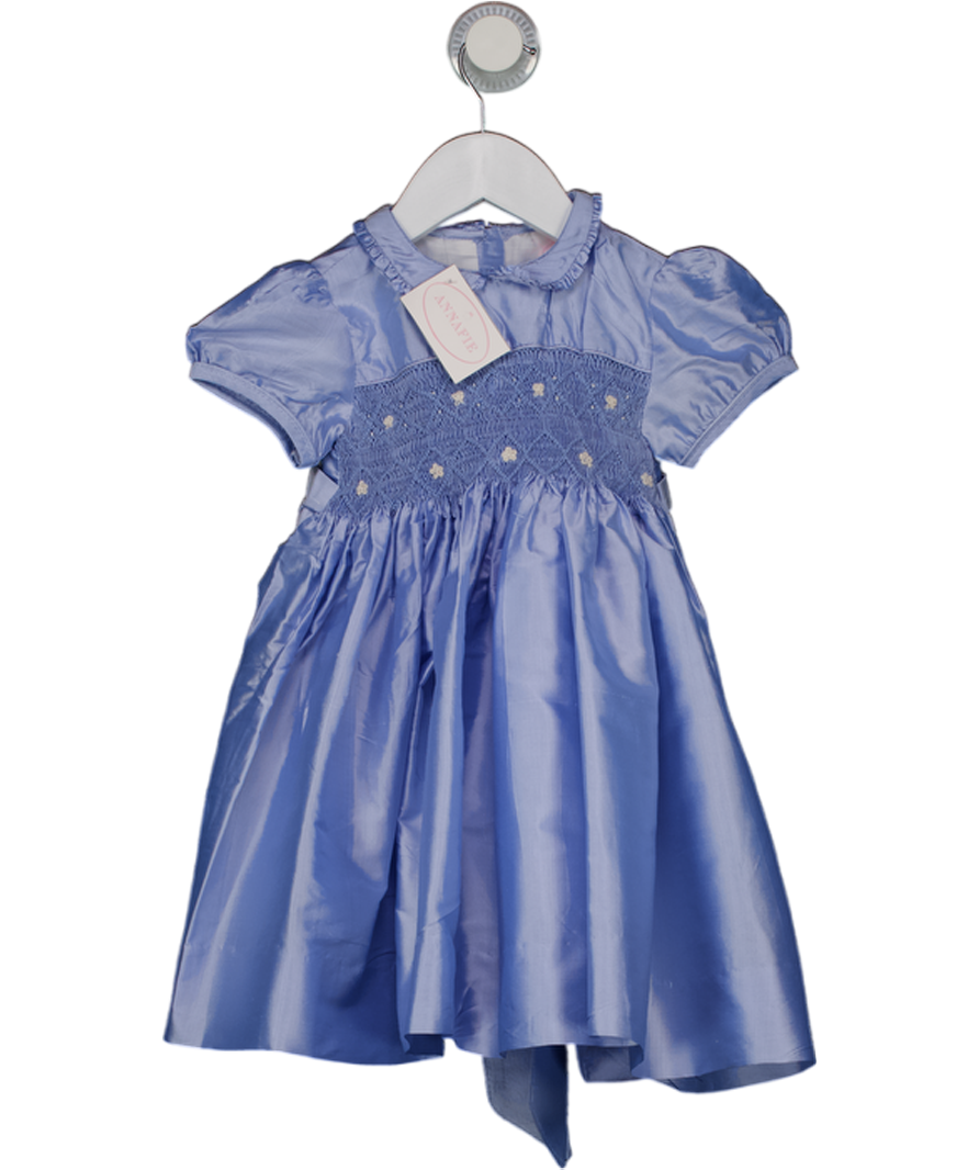 Annafie Cornflower Blue 100% Silk Embroidered Smock Detail Occasion Dress 2 Years
