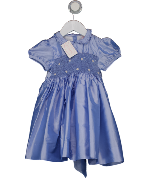 Annafie Cornflower Blue 100% Silk Embroidered Smock Detail Occasion Dress 2 Years
