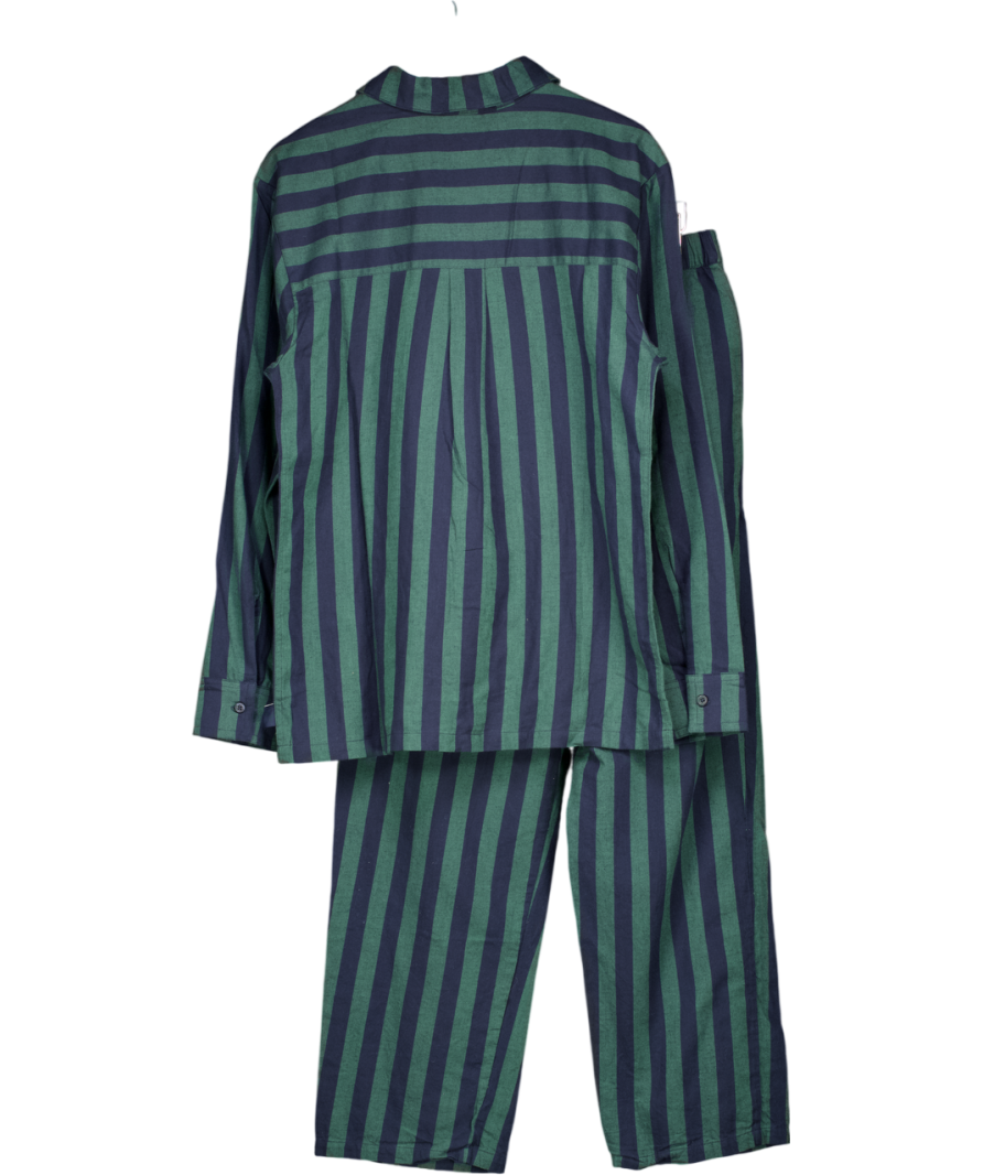 Chelsea Peers Green Organic Cotton Stripe Button Up Long Pyjama Set - Navy UK M